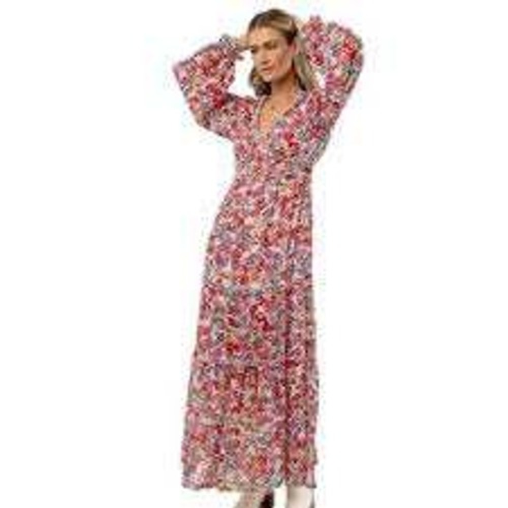 Bohme Womens Red Floral Boho Tiered Ruffle Maxi Dress SMALL Garden Boho Cottage